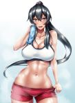  :d bare_shoulders black_hair blush breasts cleavage highres kantai_collection long_hair looking_at_viewer midriff navel open_mouth ponytail red_eyes simple_background sleeveless smile solo sweat tama_(tamakaka1031) towel very_long_hair white_background yahagi_(kantai_collection) 