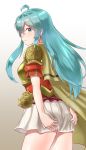  :s absurdres aqua_hair armor ass blue_eyes blue_hair blush cape commentary covering covering_ass cowboy_shot earrings eirika fire_emblem fire_emblem:_seima_no_kouseki fire_emblem_heroes gloves highres hirotaka_(hrtk990203) jewelry long_hair looking_at_viewer skirt solo thighhighs zettai_ryouiki 