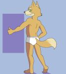  anthro barefoot blue_background briefs butt clothed clothing fox_mccloud green_eyes itstheanonnymouse male nintendo simple_background solo star_fox thegreatmatsutzu thumbs_up tighty_whities topless underwear video_games white_underwear 