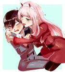  1boy 1girl black_hair blue_eyes blush breasts couple darling_in_the_franxx eyebrows_visible_through_hair fangs female fringe green_eyes hair_ornament hairband hand_on_another&#039;s_arm hetero high_resolution hiro_(darling_in_the_franxx) horns hug large_breasts lips long_hair looking_at_another male military military_uniform necktie o831o141 one_eye_closed oni_horns pink_hair red_horns red_neckwear short_hair sitting swimsuit uniform white_hair_ornament white_hairband zero_two_(darling_in_the_franxx) 