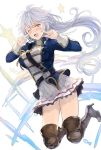  belt between_breasts blush boots braid breasts commentary_request granblue_fantasy high_heel_boots high_heels jumping long_hair one_eye_closed open_mouth pointing pointing_at_self sabanobori silva_(granblue_fantasy) silver_hair skirt solo thigh_boots thighhighs uniform yellow_eyes 