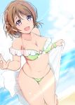 :d \m/ ankoiri barefoot beach bikini breasts brown_hair cleavage cloud collarbone commentary_request day frilled_bikini frills front-tie_bikini front-tie_top green_bikini green_scrunchie groin hair_ornament halterneck highres holding holding_towel koizumi_hanayo looking_at_viewer love_live! love_live!_school_idol_project medium_breasts navel ocean open_mouth outdoors purple_eyes scrunchie smile solo sparkle swimsuit towel white_towel wrist_scrunchie 
