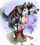  &gt;:( &gt;_&lt; :&lt; absurdres animal animal_ears bangs blue_eyes brown_pants cerberus child closed_mouth collar commentary dog dog_child_(doitsuken) dog_ears doitsuken eyebrows_visible_through_hair flying_sweatdrops frown hair_tie highres holding holding_animal lavender_hair leaning_back leash looking_at_another looking_at_viewer open_mouth original pants pink_footwear pink_shirt ponytail red_eyes shirt shoes slit_pupils spiked_collar spikes standing v-shaped_eyebrows 