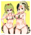 &gt;:) alternate_costume ass_visible_through_thighs bare_shoulders bikini bow braid breasts cleavage closed_mouth collarbone covered_nipples crocodile_tail giant_penguin_(kemono_friends) glasses green_background green_bikini green_eyes green_hair hair_bow hand_on_hip highres kemono_friends large_breasts lips looking_at_viewer micro_bikini mudou_eichi multicolored_hair multiple_girls navel over-rim_eyewear ponytail print_bikini red_bow saltwater_crocodile_(kemono_friends) semi-rimless_eyewear simple_background skindentation slit_pupils smile spectacled_caiman_(kemono_friends) standing stomach striped striped_bikini swimsuit twin_braids v-shaped_eyebrows 