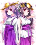  :o bangs blush breasts brown_hair closed_mouth commentary_request eyebrows_visible_through_hair flower hair_flower hair_ornament hakama hand_in_hair headpiece highres japanese_clothes kimono long_hair long_sleeves medium_breasts multiple_girls obi parted_lips pikomarie ponytail purple_eyes purple_hair purple_hakama puzzle_&amp;_dragons sash short_kimono sleeveless sleeveless_kimono sleeves_past_fingers sleeves_past_wrists twintails very_long_hair white_background white_flower white_kimono wide_sleeves yomi_(p&amp;d) 