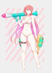  akashi_(kantai_collection) alternate_costume barefoot bazooka bikini breasts cleavage full_body green_eyes grey_background hair_ribbon highres holster kantai_collection long_hair looking_at_viewer lowleg lowleg_bikini medium_breasts navel pink_bikini pink_hair ribbon rocket_launcher rpg rpg-7 skindentation solo standing striped striped_background super_soaker swimsuit thigh_holster tress_ribbon water_gun weapon yuuji_(and) 