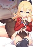  asphyxiation azur_lane blonde_hair blue_eyes blush breasts choke_hold commentary_request covered_nipples erotic_asphyxiation hair_ornament hair_ribbon hairclip highres medium_hair naughty_face navel pussy_juice_stain ribbon saliva satou_kuuki shirt small_breasts strangling thighhighs wet_spot 