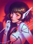  bangs black_eyes bodysuit breasts bright_pupils cable closed_mouth commentary copyright_request drop_shadow english_commentary highres ilya_kuvshinov light_smile lips looking_at_viewer red_background robot_ears solo upper_body white_bodysuit 