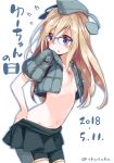  2018 bespectacled bike_shorts blonde_hair blue-framed_eyewear blush breasts cropped_jacket dated dressing flying_sweatdrops garrison_cap glasses grey_eyes groin hair_between_eyes hat kantai_collection long_hair navel no_bra sketch small_breasts solo suka twitter_username u-511_(kantai_collection) underboob white_background 