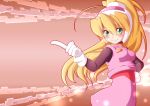  1girl ahoge bangs blonde_hair blush bodystocking breasts capcom cial_(rockman) ciel_(rockman) eyebrows_visible_through_hair gloves green_eyes hair_between_eyes hand_gesture hand_on_hip headgear high_ponytail index_finger_raiserd inti_creates long_hair medium_breasts pink_skirt ponytail rockman rockman_zero semikichi skirt smile white_gloves 