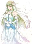  alternate_costume bare_shoulders bouquet bridal_veil bride commentary dress elbow_gloves fire_emblem fire_emblem:_monshou_no_nazo flower formal gloves green_eyes green_hair headband highres jewelry long_hair looking_at_viewer nakabayashi_zun necklace paola pegasus_knight smile solo strapless veil wedding_dress white_dress white_gloves 