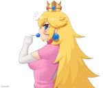  blonde_hair blue_eyes blush breasts commentary_request crown dress earrings elbow_gloves eyebrows_visible_through_hair from_side gloves hand_up jewelry kuroonehalf large_breasts long_hair looking_at_viewer mario_(series) notice_lines pink_dress princess_peach profile short_sleeves simple_background solo super_mario_bros. upper_body white_background 