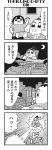  4koma :3 aura bangs beam bkub blunt_bangs calimero_(bkub) chakapi city clenched_hands comic crescent_moon emphasis_lines flying formal greyscale hair_ornament hair_scrunchie halftone highres honey_come_chatka!! monochrome moon multiple_girls necktie night scrunchie shirt short_hair shouting simple_background sky speech_bubble star_(sky) starry_sky stretch suit talking topknot translation_request two-tone_background waving window 