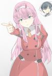  1girl bangs breasts darling_in_the_franxx dress female green_eyes hairband hand_on_hip high_resolution hiro_(darling_in_the_franxx) horns ksaokse long_hair long_sleeves looking_at_viewer medium_breasts pink_hair red_dress simple_background solo white_hair_ornament white_hairband zero_two_(darling_in_the_franxx) 