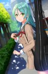  aqua_hair asato_(fadeless) bang_dream! blurry blurry_background blush brown_dress building bush cellphone clenched_hand commentary_request day double-breasted dress dutch_angle eyebrows_visible_through_hair green_eyes guitar_case hair_between_eyes hikawa_sayo holding holding_phone instrument_case long_hair long_sleeves neck_ribbon outdoors phone red_neckwear ribbon sailor_dress sidewalk smartphone smile solo tree 
