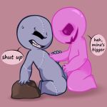  black_eyes english_text grey_skin grin humanoid humanoid_on_humanoid kneeling male male/male not_furry pink_skin simple_background smile super_envy_(tboi) super_pride_(tboi) suspendedpain sweat teeth text the_binding_of_isaac 