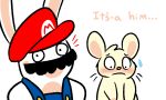  black_mustache blush duo english_text facial_hair hamster hat mammal mario mario_bros mario_hat mustache nintendo nishi oxynard rabbid red_hat rodent sweat sweatdrop text video_games 