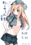  2018 bike_shorts blonde_hair blush breasts commentary_request cropped_jacket dated dressing flying_sweatdrops garrison_cap grey_eyes groin hair_between_eyes hat kantai_collection long_hair navel no_bra sketch small_breasts solo suka twitter_username u-511_(kantai_collection) underboob white_background 