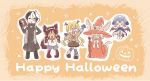  &gt;_&lt; 2boys 2girls :3 :d animal_ears barefoot bible black_pants black_skirt blue_capelet blush book brown_hair capelet ears_through_headwear english facing_viewer flying_sweatdrops furry glasses hairband halloween halloween_costume hand_on_hip happy_halloween hat highres holding holding_book jack-o'-lantern jacket jitome latin_cross looking_at_viewer made_in_abyss maruruk miya_(miyabio) multicolored_hair multiple_boys multiple_girls nanachi_(made_in_abyss) open_clothes open_jacket open_mouth outstretched_arms ozen pants pigeon-toed red_robe red_sailor_collar regu_(made_in_abyss) riko_(made_in_abyss) sailor_collar scar scar_across_eye school_uniform serafuku skirt smile staff surgical_scar sweatdrop tail two-tone_hair whistle whistle_around_neck white_hair wings witch_hat wolf_ears wolf_tail yellow_eyes zombie_pose 