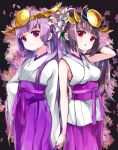  :o bangs black_hair blush breasts brown_hair closed_mouth eyebrows_visible_through_hair flower hair_flower hair_ornament hakama hand_in_hair headpiece highres japanese_clothes kimono long_hair long_sleeves medium_breasts multiple_girls obi parted_lips pikomarie ponytail purple_eyes purple_hair purple_hakama puzzle_&amp;_dragons sash short_kimono sleeveless sleeveless_kimono sleeves_past_fingers sleeves_past_wrists twintails very_long_hair white_flower white_kimono wide_sleeves yomi_(p&amp;d) 