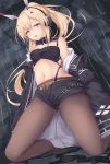  ass_visible_through_thighs ayanami_(azur_lane) azur_lane bangs black_legwear black_shorts black_tubetop blonde_hair blush breasts brown_eyes cleavage coat collarbone commentary_request hair_between_eyes half-closed_eyes headgear headphones high_ponytail highres kneeling legwear_under_shorts light_brown_hair long_hair looking_at_viewer medium_breasts midriff navel off_shoulder open_clothes open_coat open_mouth outdoors pantyhose pantyhose_under_shorts ponytail rain shiro_usagi short_shorts shorts sidelocks smile solo stomach strapless tubetop very_long_hair zipper 