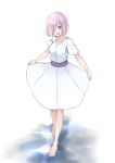  :d bangs barefoot breasts collarbone commentary dress eyebrows_visible_through_hair fate/grand_order fate_(series) full_body hair_over_one_eye highres jilu looking_at_viewer mash_kyrielight medium_breasts open_mouth pink_hair purple_eyes short_hair short_sleeves simple_background sketch skirt_hold smile solo standing upper_teeth white_background white_dress 