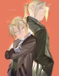  ahoge bangs blonde_hair closed_mouth coat collared_shirt commentary crossed_arms dual_persona edward_elric frown fullmetal_alchemist gloves green_coat green_vest hands_in_pockets holy_pumpkin long_hair looking_at_viewer looking_back male_focus multiple_boys open_clothes open_coat orange_background parted_bangs ponytail popped_collar shirt simple_background twitter_username vest white_gloves yellow_eyes 
