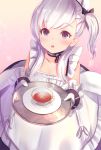  apron azur_lane belchan_(azur_lane) belfast_(azur_lane) braid chain chestnut_mouth collar commentary corset cup dolce_(dolsuke) eyebrows_visible_through_hair french_braid frilled_apron frilled_gloves frills gloves holding holding_tray looking_at_viewer maid maid_apron maid_headdress plate silver_hair teacup tray white_apron white_gloves younger 