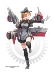  anchor_hair_ornament full_body gloves hair_ornament hat highres iron_cross jacket kantai_collection kneehighs long_sleeves low_twintails microskirt military military_hat military_uniform open_mouth peaked_cap pleated_skirt prinz_eugen_(kantai_collection) rudder_shoes skirt solo taruya turret twintails uniform weapon white_gloves 