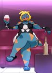  2018 alcohol anthro beverage big_breasts blonde_hair breasts bree_(junk_planet) butt choker clothed clothing crossed_legs dress female fingerless_gloves footwear gloves hair lizard looking_at_viewer open_mouth overweight overweight_female reptile sandals scalie sitting smile solo thick_thighs voluptuous wide_hips wine xingscourge 