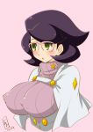  :o bangs big_hair blush breasts capelet covered_nipples eyebrows_visible_through_hair glasses green_eyes impossible_clothes impossible_sweater kamirenjaku_sanpei large_breasts pink-framed_eyewear pink_background pokemon pokemon_(game) pokemon_sm purple_hair purple_sweater ribbed_sweater solo sweater turtleneck turtleneck_sweater upper_body wicke_(pokemon) 