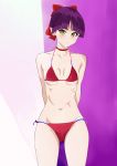  absurdres arms_behind_back bangs bikini blunt_bangs blush bow breasts cameltoe choker collarbone cowboy_shot eyebrows_visible_through_hair gegege_no_kitarou hair_bow hair_ornament highres looking_at_viewer navel nekomusume nekomusume_(gegege_no_kitarou_6) parted_bangs parted_lips pointy_ears purple_hair red_bikini red_bow red_choker short_hair side-tie_bikini small_breasts solo stomach string_bikini swimsuit tonotyama underboob yellow_eyes 