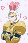  animal_ears armor blonde_hair bunny_ears clenched_teeth commentary_request crossed_arms earrings fate/stay_night fate_(series) gauntlets gilgamesh jewelry lock_earrings male_focus mi_(pic52pic) pauldrons red_eyes solo teeth upper_body 