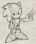  gloves greyscale hand_on_hip hedgehog holding holding_ring jewelry looking_at_viewer lowres male_focus monochrome rento_(rukeai) ring shoes sideways_mouth sketch smile solo sonic sonic_the_hedgehog sparkle work_in_progress 
