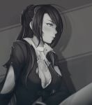  blush bra braid breasts cleavage cleavage_cutout commentary frills from_side girls_frontline greyscale hair_ornament koyorin large_breasts lee-enfield_(girls_frontline) lips long_hair monochrome profile sitting solo thighhighs torn_clothes underwear uniform 