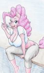  2018 anthro anthrofied blue_eyes breasts cleavage clothed clothing equine female flicker-show friendship_is_magic hi_res horse mammal my_little_pony nipple_bulge pinkie_pie_(mlp) pony popsickle sitting solo 