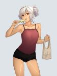 altera_(fate) bag bare_shoulders black_shorts breasts cowboy_shot dark_skin eating fate/grand_order fate_(series) food full_body_tattoo hand_up headband holding holding_bag holding_food i-pan looking_at_viewer ponytail red_eyes red_tank_top short_hair shorts simple_background small_breasts solo tank_top tattoo white_hair 