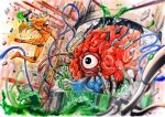  acrylic_paint_(medium) armor ballpoint_pen_(medium) blonde_hair blurry_foreground brain broken broken_glass colored_pencil_(medium) commentary_request floating_hair full_body glass glowing highres holding holding_weapon jumping kisaragi_mutsuki long_hair looking_at_another metroid monster mother_brain no_headwear no_helmet one-eyed power_armor power_suit samus_aran shoulder_pads sparkle spikes splashing traditional_media tube varia_suit weapon 