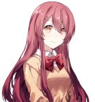 bad_id bad_pixiv_id bow bowtie bright_pupils brown_sweater closed_mouth collared_shirt gocoli hair_between_eyes highres idolmaster idolmaster_shiny_colors long_hair looking_at_viewer oosaki_tenka red_hair red_neckwear school_uniform shirt simple_background solo sweater upper_body white_background wing_collar 