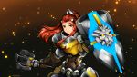  absurdres armor brigitte_(overwatch) brown_eyes cowboy_shot eyebrows fantasy franarok hair_pulled_back headgear highres holding holding_weapon lips long_hair overwatch parted_lips ponytail power_armor red_hair shield sidelocks solo upper_body weapon 