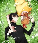  1girl black_hair black_shirt breasts brown_hair closed_eyes flower grass hair_ribbon holding_hands kanzaki_shiori kirisame_ga_furu_mori large_breasts long_sleeves lying on_back parted_lips profile red_ribbon ribbon shirt short_hair short_sleeves smile suga_koutarou turtleneck twitter_username yellow_shirt yukiblue 