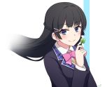  black_hair black_jacket blue_eyes blush bow bowtie braid brown_vest clover collared_shirt commentary_request eyebrows_visible_through_hair floating_hair four-leaf_clover french_braid hair_ornament hairclip hand_up jacket long_hair long_sleeves looking_at_viewer nijisanji oyaji-sou pink_neckwear shirt signature smile solo tsukino_mito upper_body vest white_shirt wing_collar 