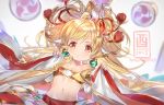  :o bare_shoulders beltbra big_hair blonde_hair bongo_drums commentary dated detached_sleeves drum english_commentary floating floating_object granblue_fantasy hair_bobbles hair_ornament hands_up holy_pumpkin instrument long_hair long_sleeves looking_at_viewer mahira_(granblue_fantasy) mitsudomoe_(shape) parted_lips red_eyes signature solo tassel tomoe_(symbol) 
