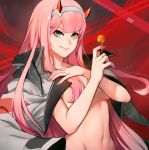  absurdres aqua_eyes breasts candy character_name cleavage copyright_name darling_in_the_franxx food green_eyes highres horns jacket_on_shoulders lollipop long_hair medium_breasts navel patipat_asavasena pink_hair red_horns very_long_hair zero_two_(darling_in_the_franxx) 
