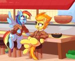  2018 absurd_res amber_eyes clothed clothed_feral clothing cutie_mark digital_media_(artwork) duo equine eye_contact eyelashes feathered_wings feathers female feral friendship_is_magic graphene hair hi_res hooves jacket mammal multicolored_hair multicolored_tail my_little_pony pegasus pink_eyes rainbow_dash_(mlp) rainbow_hair rainbow_tail sitting spitfire_(mlp) stool wings wonderbolts_(mlp) 