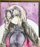  ahoge armor black_cape blonde_hair breasts cape closed_mouth fate/grand_order fate_(series) fur_trim gorget head_tilt headpiece jeanne_d'arc_(alter)_(fate) jeanne_d'arc_(fate)_(all) large_breasts looking_at_viewer photo shikishi short_hair solo tanaji torn_cape traditional_media underbust upper_body yellow_eyes 