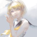  blonde_hair blue_eyes blurry bow fingernails hair_bow hair_ornament hairclip hand_gesture hand_up highres kagamine_rin light light_smile lips looking_at_viewer looking_to_the_side muted_color nail_polish sailor_collar sailor_collar_lift satomatoma short_hair simple_background solo vocaloid wind yellow_nails 