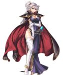  alba anklet armlet blue_eyes boots bracelet breasts cape cleavage cleavage_cutout commentary_request dress earrings elbow_gloves fire_emblem fire_emblem:_seisen_no_keifu fire_emblem_heroes full_body gem gloves groin highres holding_own_arm ishtar_(fire_emblem) jewelry large_breasts long_hair mage ponytail ring side_ponytail side_slit sidelocks silver_hair solo thigh_boots thighhighs thighs transparent_background 