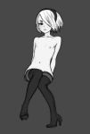  1girl alternate_breast_size bangs boots flat_chest full_body hairband high_heels looking_at_viewer monochrome navel nier_(series) nier_automata nipples one_eye_covered petite short_hair solo thighhigh thighhighs wabaki white_hair yorha_no._2_type_b 