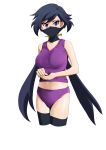  absurdres ayame_(gundam_build_divers) bangs black_hair black_legwear breasts covered_mouth cowboy_shot cropped_legs gundam gundam_build_divers hair_ornament hands_together highres large_breasts long_hair looking_at_viewer low_ponytail midriff ninja panties ponytail purple_eyes purple_panties purple_shirt shirt solo tank_top taut_clothes taut_shirt thighhighs tonotyama underwear underwear_only very_long_hair 